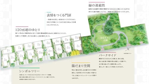 The entire compartment Figure. Cherry blossoms in the spring, New urban area of ​​all 17 House adjacent to the autumn leaves can enjoy "Hanamomiji park" in the fall. To ensure the comfort of all the mansion 120 sq m more than, So that the plug is bright sunshine, Sunny produce a space (the entire compartment shown in the illustration)