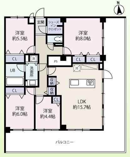 Floor plan. 4LDK, Price 44,900,000 yen, Footprint 93.6 sq m , Balcony area 43.35 sq m