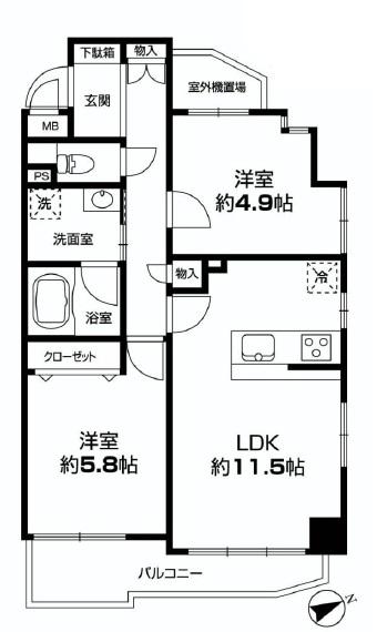 Floor plan. 2LDK, Price 48,800,000 yen, Occupied area 57.76 sq m , Balcony area 6.09 sq m