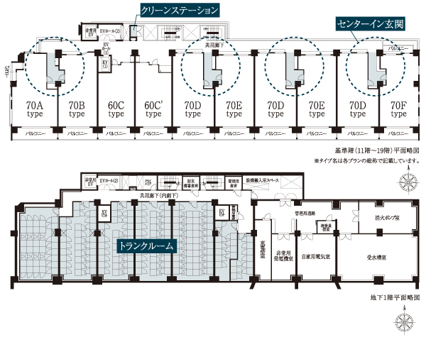 Shared facilities.  [Planning of attention] The layout of the entrance to the place went one step back from the shared hallway. We devised to block the view into the dwelling unit from the corridor side. (60C ・ 60C 'type, Office ・ Except for the SOHO  ※ Type names are described in the generic name of each plan)  Also, Installing the trunk room is on the first floor basement. Sporting goods and leisure goods, etc., Storage is possible. In addition the third floor ~ The 19th floor of each floor, 24 hours trash can (except for the coarse dust) installation clean station. (Conceptual diagram)