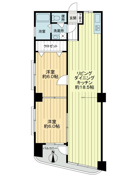 Floor plan. 2LDK, Price 34,800,000 yen, Occupied area 61.41 sq m , Balcony area 5.59 sq m