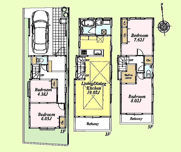 Floor plan. (B Building), Price 53,800,000 yen, 4LDK, Land area 75.52 sq m , Building area 105.57 sq m