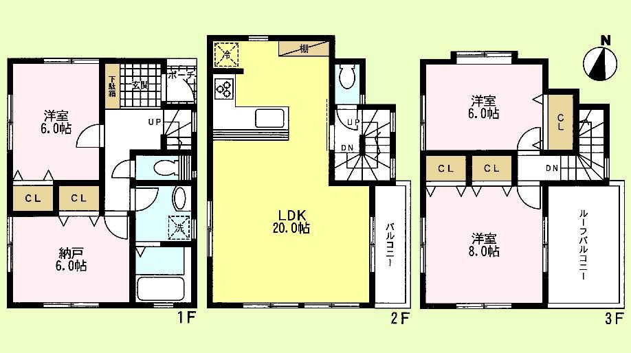 Floor plan. (A Building), Price 53,800,000 yen, 3LDK+S, Land area 70.1 sq m , Building area 104.88 sq m