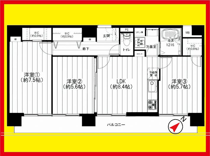 Floor plan. 3LDK, Price 31,900,000 yen, Occupied area 63.48 sq m , Balcony area 13.2 sq m