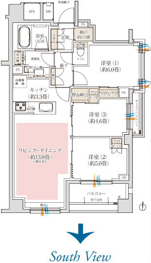 D type Floor Plan: 3LDK (occupied area / 70.51 sq m  Balcony area / 6.29 sq m  Service balcony area / 1.85 sq m )