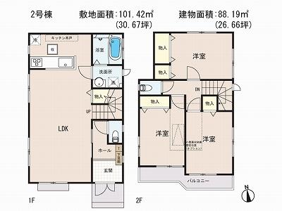 Floor plan. (Building 2), Price 47,800,000 yen, 3LDK, Land area 101.47 sq m , Building area 88.19 sq m
