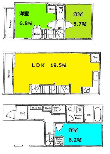 Floor plan. (A Building), Price 53,800,000 yen, 3LDK, Land area 60 sq m , Building area 98.73 sq m
