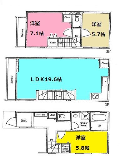Floor plan. (B Building), Price 53,800,000 yen, 3LDK, Land area 60 sq m , Building area 98.68 sq m