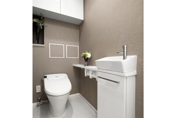 Spacious space with a tankless toilet and hand-washing bowl