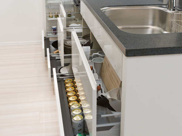 Kitchen.  [Sliding storage] Storage of system kitchens, It can be effectively utilized in the prone cabinet in a dead space, It has adopted a sliding storage. (D-1, E-1, Er-1, F-1, Ga-1, Gb-1, I, Ig, Jr, J'r, Kr, Pr, Qr-1, S-1, Ua, Ub