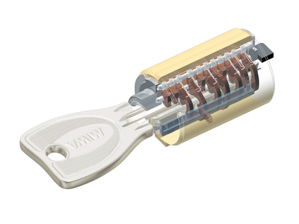 Security.  [Dimple key] Dimple key of high-performance reversible cylinder with excellent security and operability. Increments of the key is complex, Replication is difficult, Exhibit a high security feature. (Conceptual diagram)