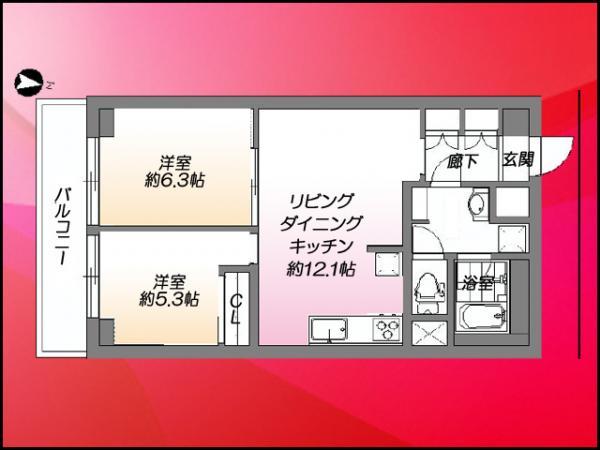 Floor plan. 2LDK, Price 24.5 million yen, Footprint 55 sq m , Balcony area 5.99 sq m