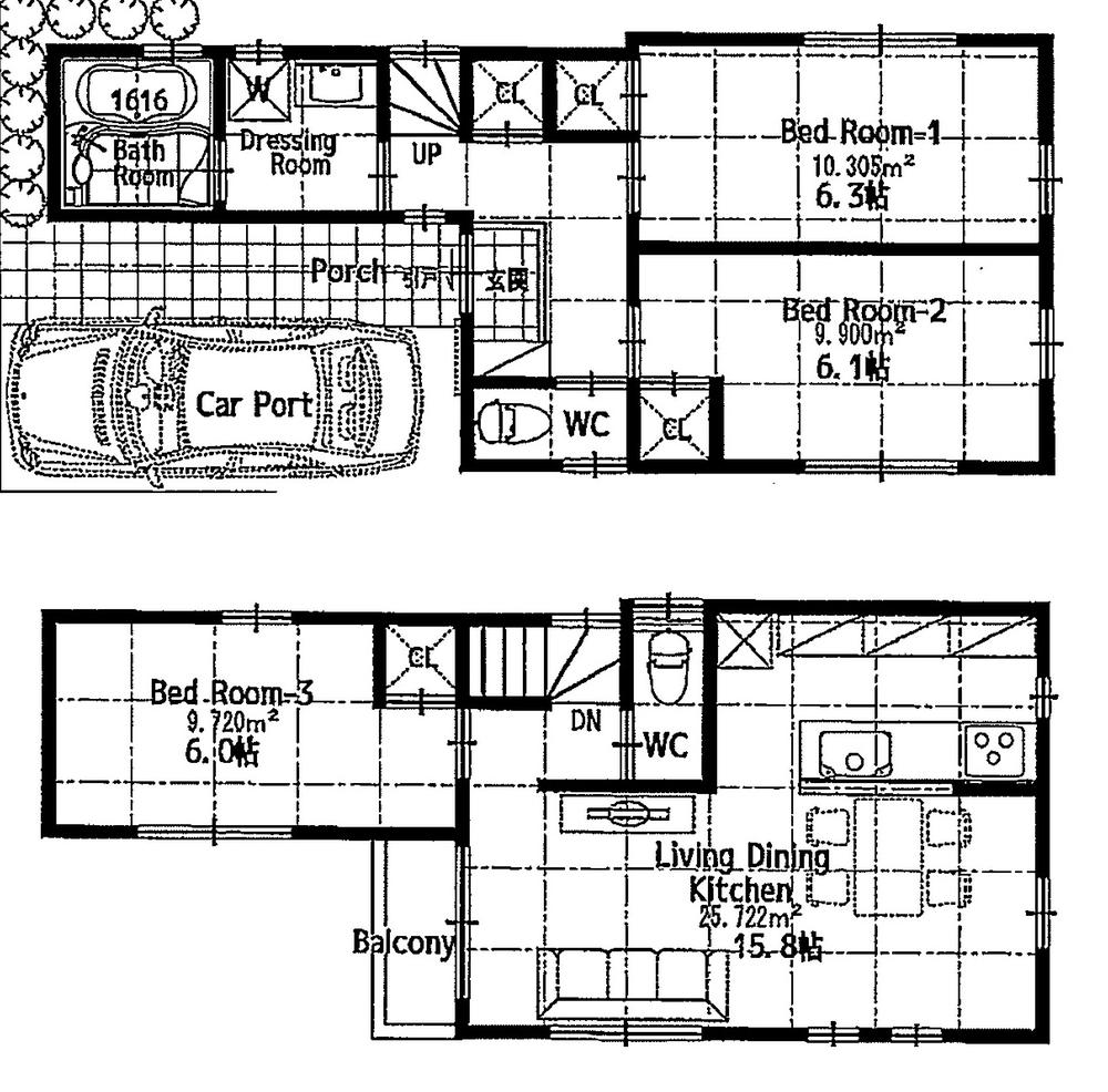 Compartment view + building plan example. Building plan example, Land price 31,800,000 yen, Land area 66.11 sq m , Building price 15 million yen, Building area 76.85 sq m