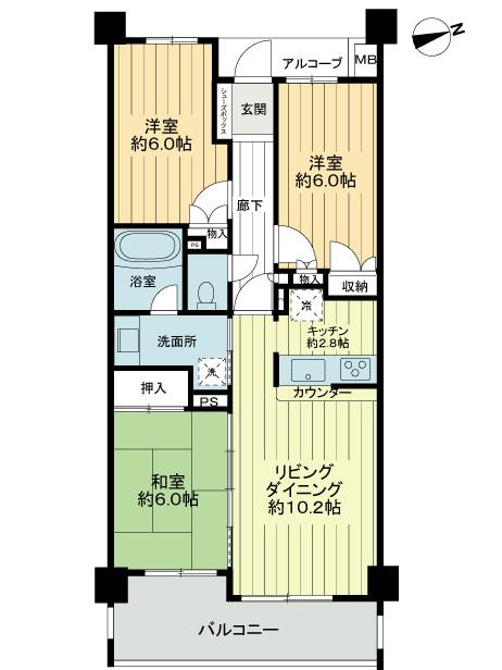 Floor plan. 3LDK, Price 46,800,000 yen, Occupied area 68.24 sq m , Balcony area 10.3 sq m