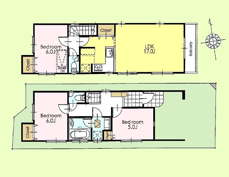 Building plan example (floor plan). Building plan example (A section) 3LDK, Land price 38 million yen, Land area 75.67 sq m , Building price 14.8 million yen, Building area 80.59 sq m