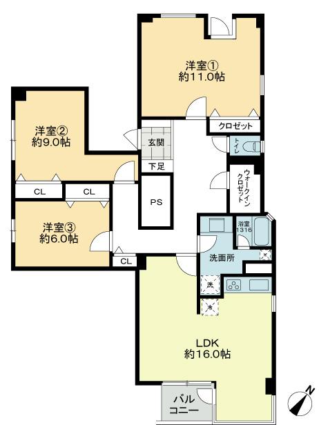 Floor plan. 3LDK, Price 54,800,000 yen, Occupied area 99.87 sq m , Balcony area 3.45 sq m