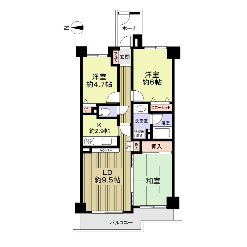 Floor plan. 3LDK, Price 36,800,000 yen, Occupied area 62.97 sq m , Balcony area 6.78 sq m