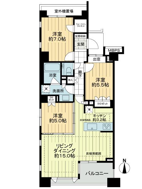 Floor plan. 3LDK, Price 69,800,000 yen, Occupied area 77.25 sq m , Balcony area 6 sq m
