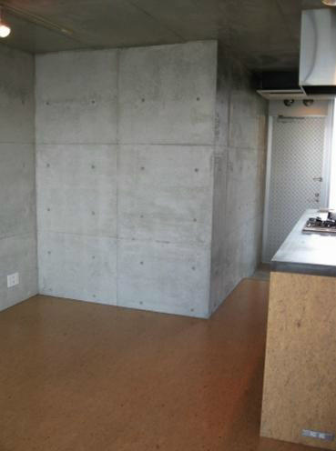 Living and room. Stylish wall of concrete driving range