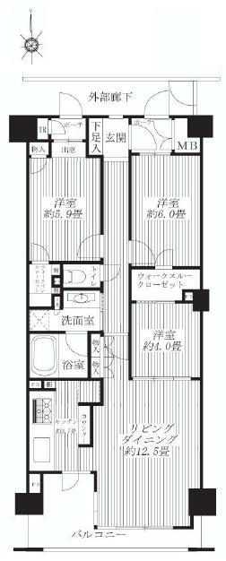 Floor plan. 3LDK, Price 52,800,000 yen, Occupied area 74.94 sq m , Balcony area 9.3 sq m