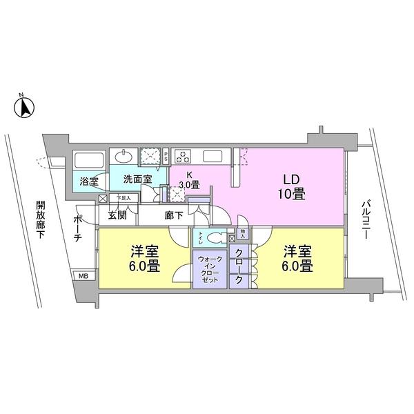 Floor plan. 2LDK, Price 44,800,000 yen, Occupied area 61.29 sq m , Balcony area 10.14 sq m