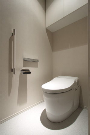 Bathing-wash room.  [Low silhouette tank-less toilet] Tankless toilet of beautiful design in a compact. Standard equipped with a heating toilet seat with warm water washing function.