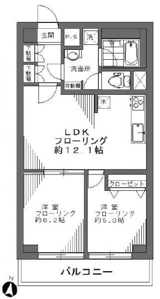 Floor plan. 2LDK, Price 24.5 million yen, Footprint 55 sq m , Balcony area 5.99 sq m