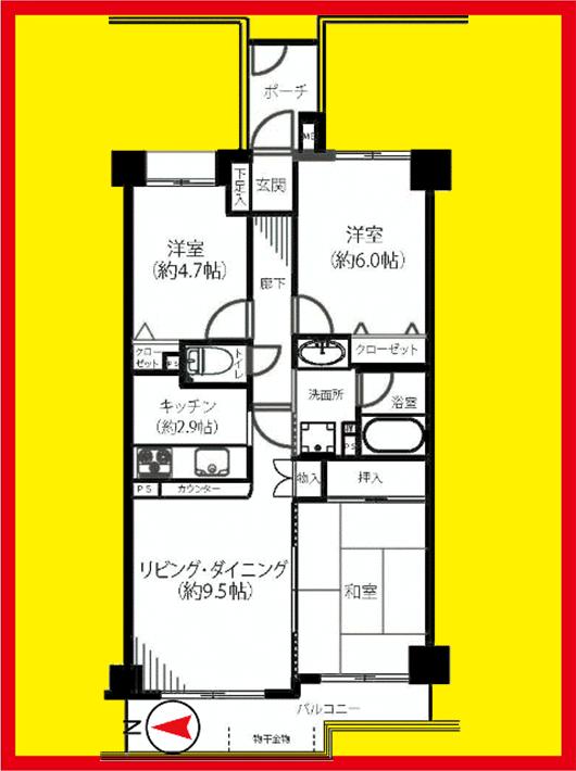 Floor plan. 3LDK, Price 36,800,000 yen, Occupied area 62.97 sq m , Balcony area 6.78 sq m