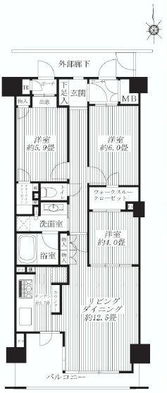 Floor plan. 3LDK, Price 52,800,000 yen, Occupied area 75.62 sq m , Balcony area 9.3 sq m