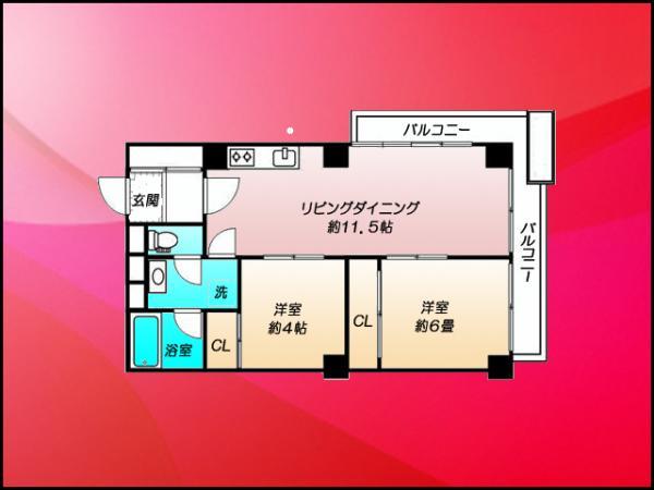 Floor plan. 2LDK, Price 31,800,000 yen, Occupied area 57.52 sq m , Balcony area 10.95 sq m