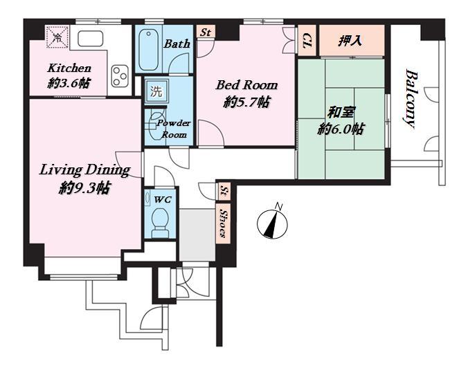 Floor plan. 2LDK, Price 37,800,000 yen, Occupied area 59.97 sq m , Balcony area 5.75 sq m southwest angle room, Ventilation good.