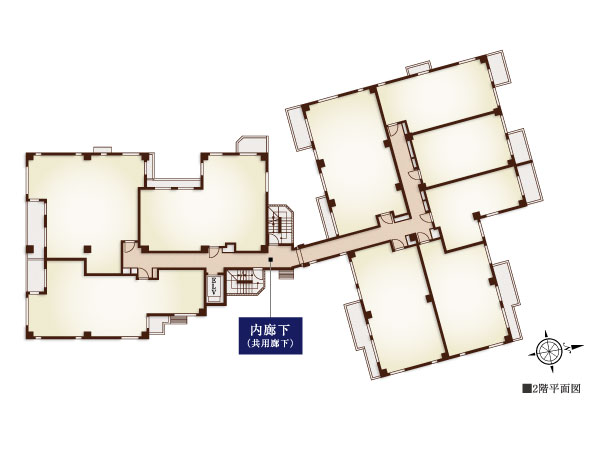 Features of the building.  [Increase the private sense of, Two buildings construction] Distribution building plan that was adopted two buildings construction. Many Therefore corner dwelling unit, The opening portion is increased to increase the private sense of, It improves the quality of the dwelling. (2-floor plan view)