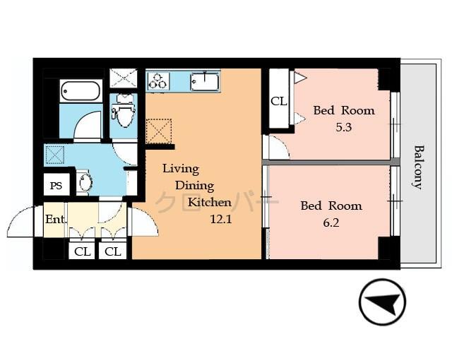 Floor plan. 2LDK, Price 24.5 million yen, Footprint 55 sq m , Balcony area 5.99 sq m