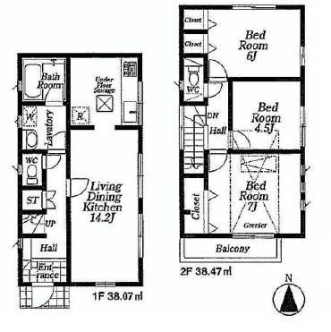 Floor plan. (1 Building), Price 53,800,000 yen, 3LDK, Land area 95.21 sq m , Building area 76.54 sq m