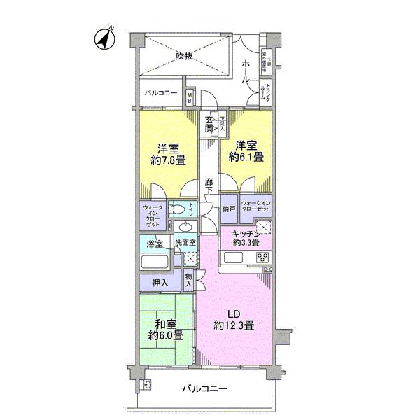 Floor plan. 3LDK, Price 49,800,000 yen, Occupied area 80.85 sq m , Balcony area 16.3 sq m