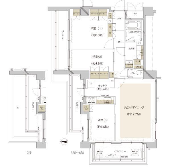 Floor plan. 3LDK, Price 42,800,000 yen, Occupied area 74.08 sq m , Balcony area 21.08 sq m