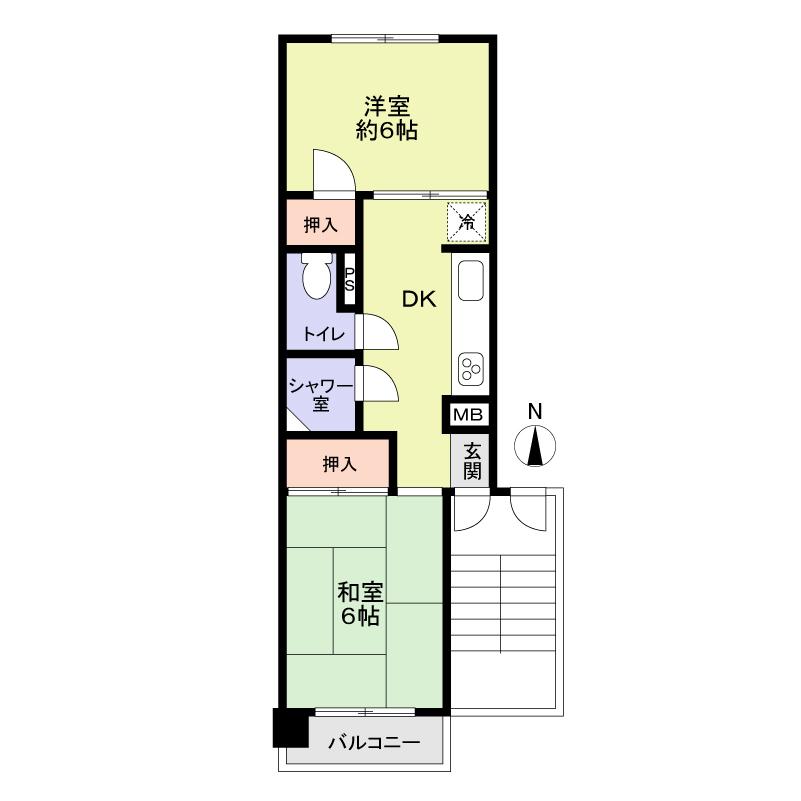 Floor plan. 2DK, Price 9.9 million yen, Occupied area 36.36 sq m , Balcony area 1.73 sq m