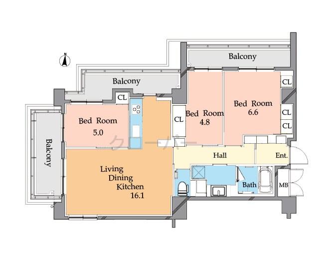 Floor plan. 3LDK, Price 42,800,000 yen, Occupied area 74.08 sq m , Balcony area 21.08 sq m