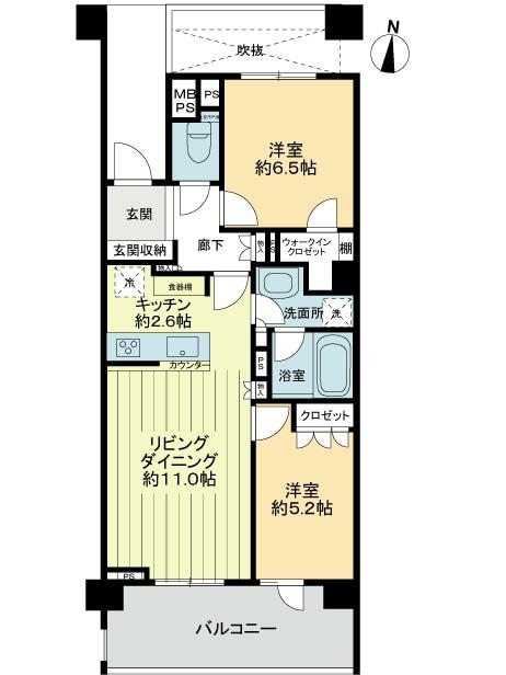 Floor plan. 2LDK, Price 39,800,000 yen, Occupied area 60.14 sq m , Balcony area 11.4 sq m