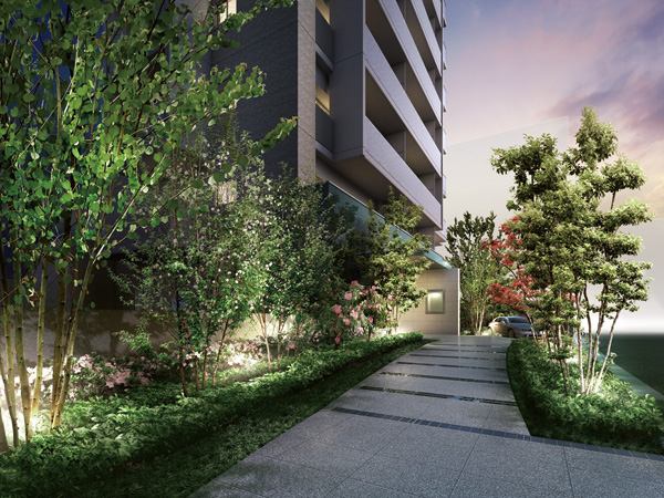 Buildings and facilities. The entrance approach, To be switched the feeling from on to off each time to proceed step by step foot, I was remembering the deep depth. The trees lined up on both sides of the approach, It will produce a space of peace. (Entrance approach Rendering CG)