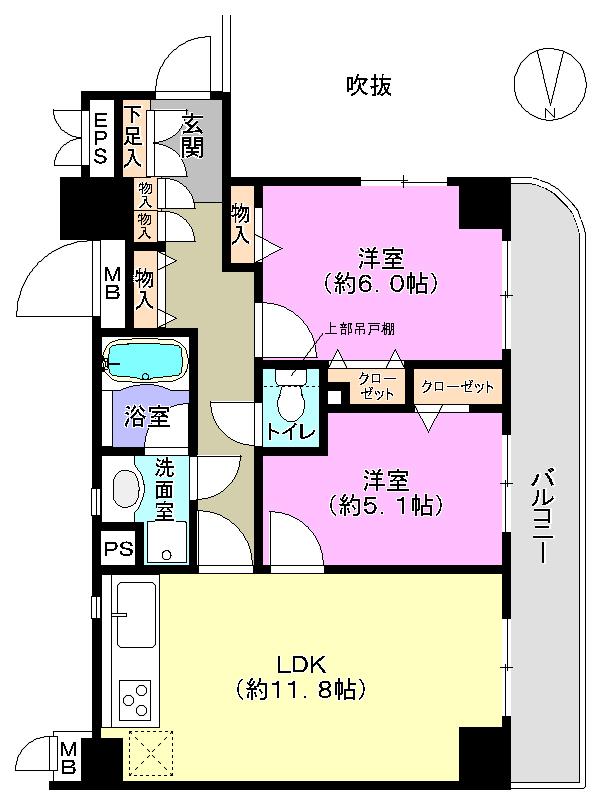 Floor plan. 2LDK, Price 34,800,000 yen, Occupied area 54.85 sq m , Balcony area 10.49 sq m
