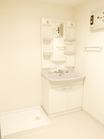 Washroom. Independent sink and washing machine inside the room