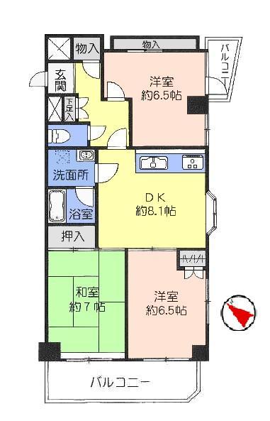 Floor plan. 3DK, Price 43,800,000 yen, Occupied area 61.32 sq m , Balcony area 9.11 sq m