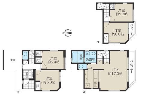 Floor plan. (Building 2), Price 55,800,000 yen, 4LDK, Land area 62.77 sq m , Building area 103.9 sq m