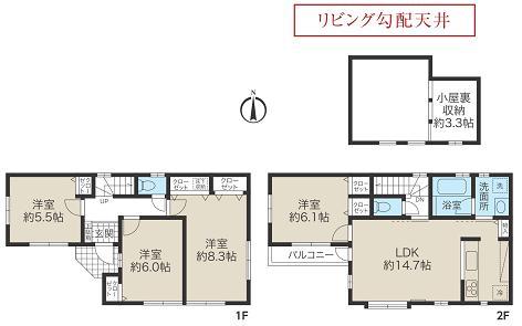 Floor plan. (3 Building), Price 54,800,000 yen, 4LDK, Land area 79.32 sq m , Building area 92.43 sq m