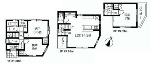 Floor plan. (Building 2), Price 51,800,000 yen, 3LDK, Land area 90.31 sq m , Building area 76.14 sq m