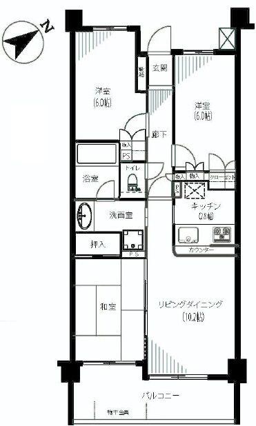 Floor plan. 3LDK, Price 44,800,000 yen, Occupied area 68.24 sq m , Balcony area 10.3 sq m