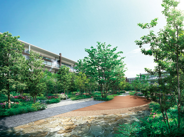 Features of the building.  [Grand Garden Rendering CG] Garden of rest that I am the gentle sunlight to response to natural Musashino. Select a convenient land and close to the city center, Low-rise garden mansion of peace filled with exuberant beautiful green. ( ※ 1)