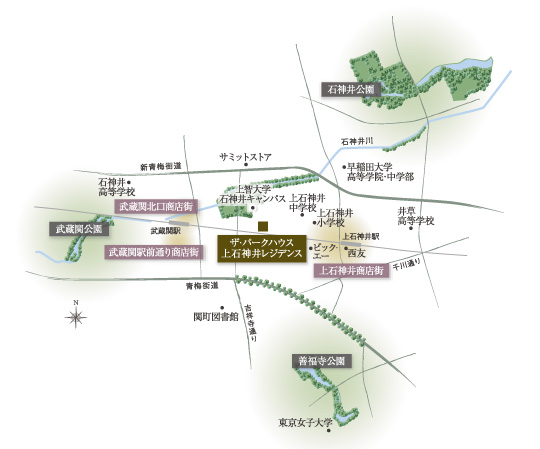Surrounding environment. Surrounded by a large park where nature is left of Musashino, Land that align educational facilities around. (Area conceptual diagram) ※ It was developed based on a map, In fact a slightly different.