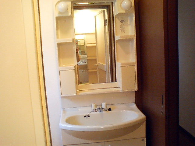 Washroom. Washbasin glad shower.